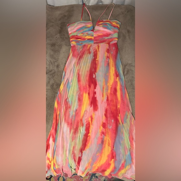 XScape Abstract Print Pleated Chiffon Halter Neckline Sleeveless Maxi Dress - Picture 3 of 9